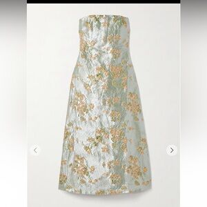 STAUD Kennedy strapless gathered metallic brocade midi dress